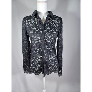 BCBGMAXAZRIA Shirt Womens Medium Black Lace Sheer Floral Button Front Blouse
